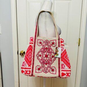 EXPRESS EDIT BEADED METALLIC IKAT DESIGN BARBIECORE BARBIE WOVEN TOTE
